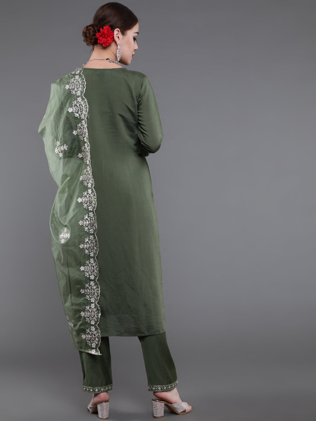 Green Embroidered Kurta Pant With Dupatta