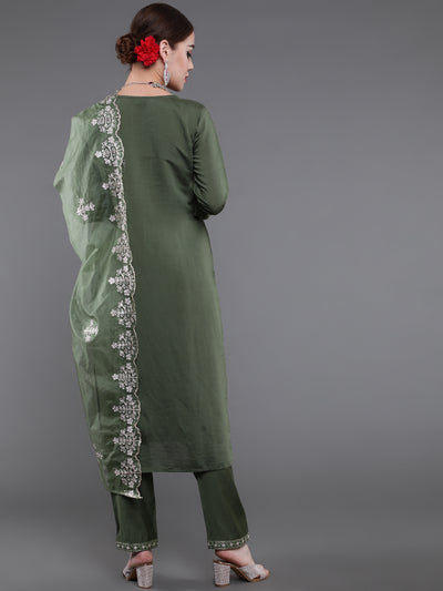 Green Embroidered Kurta Pant With Dupatta