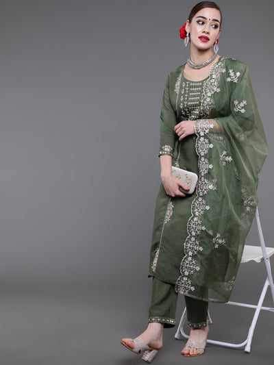 Green Embroidered Kurta Pant With Dupatta