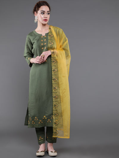 Green Embroidered Kurta Pant With Dupatta