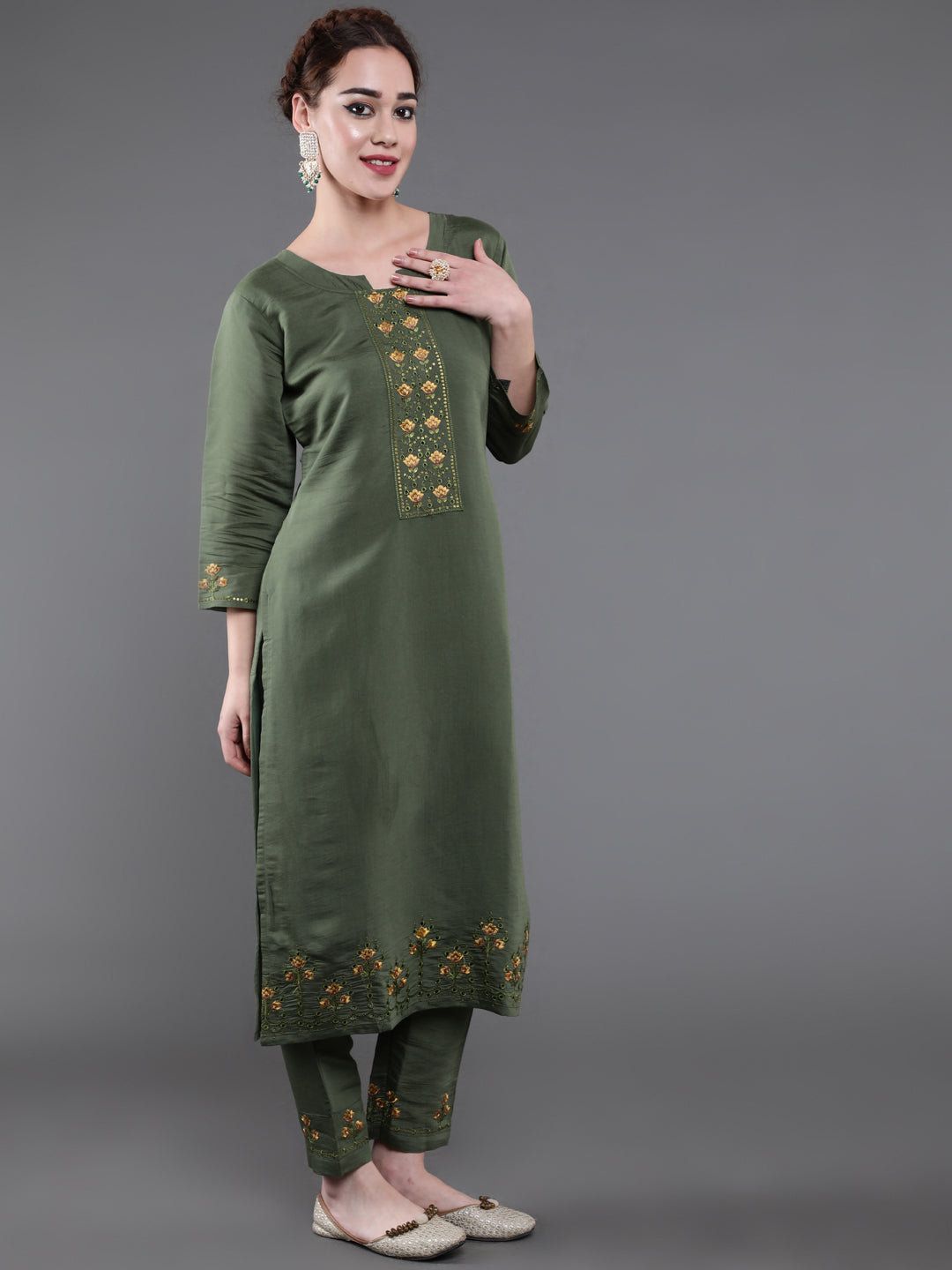 Green Embroidered Kurta Pant With Dupatta