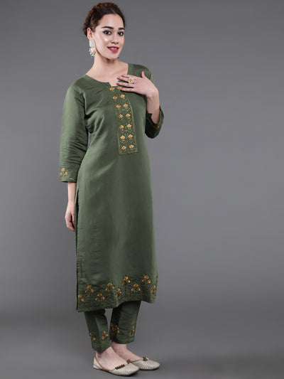 Green Embroidered Kurta Pant With Dupatta