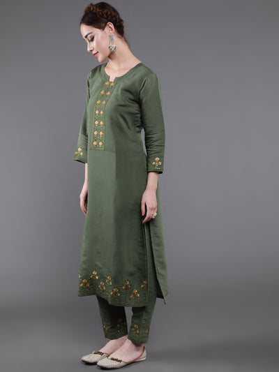 Green Embroidered Kurta Pant With Dupatta