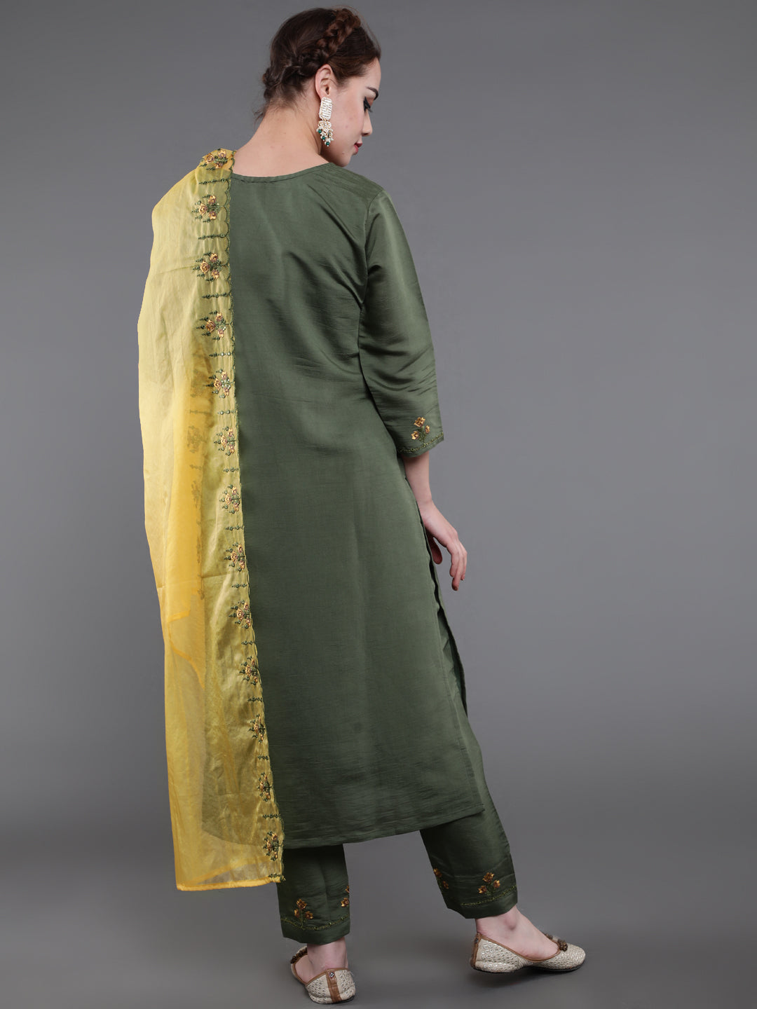 Green Embroidered Kurta Pant With Dupatta