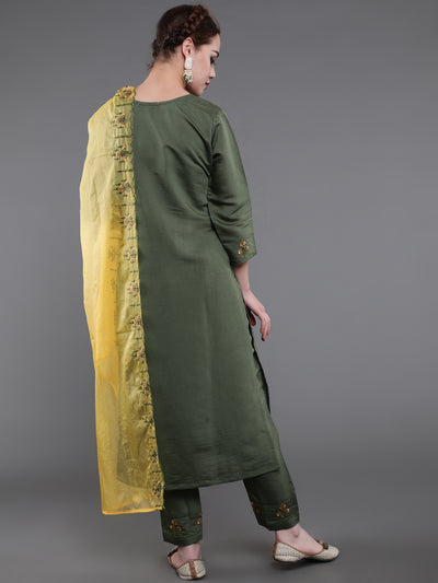 Green Embroidered Kurta Pant With Dupatta