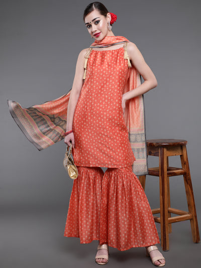 Orange Bandhani Print Kurta Sharara With Dupatta