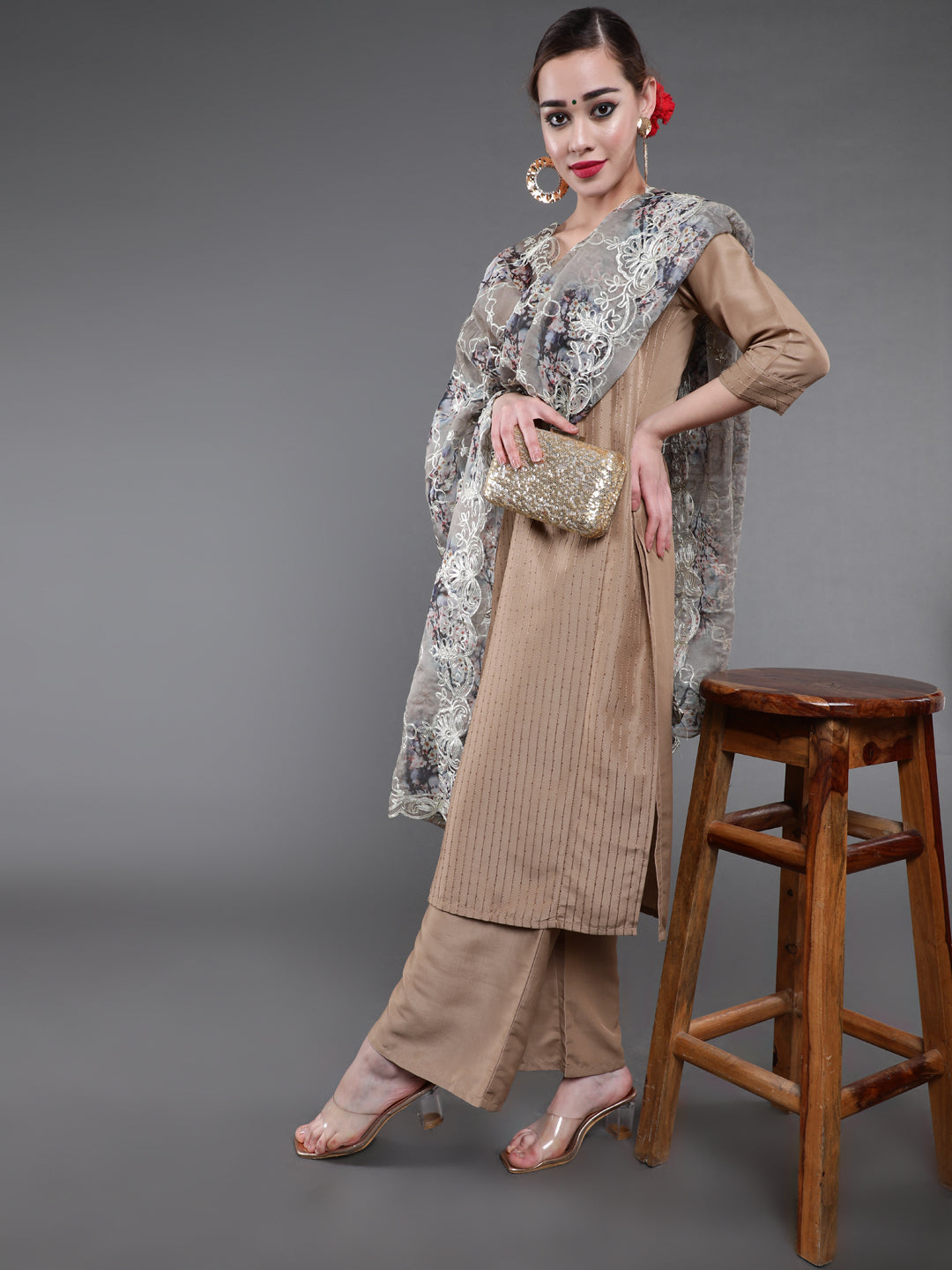 Beige Sequin Chinnon Suit Sets With Heavy Gota Dupatta