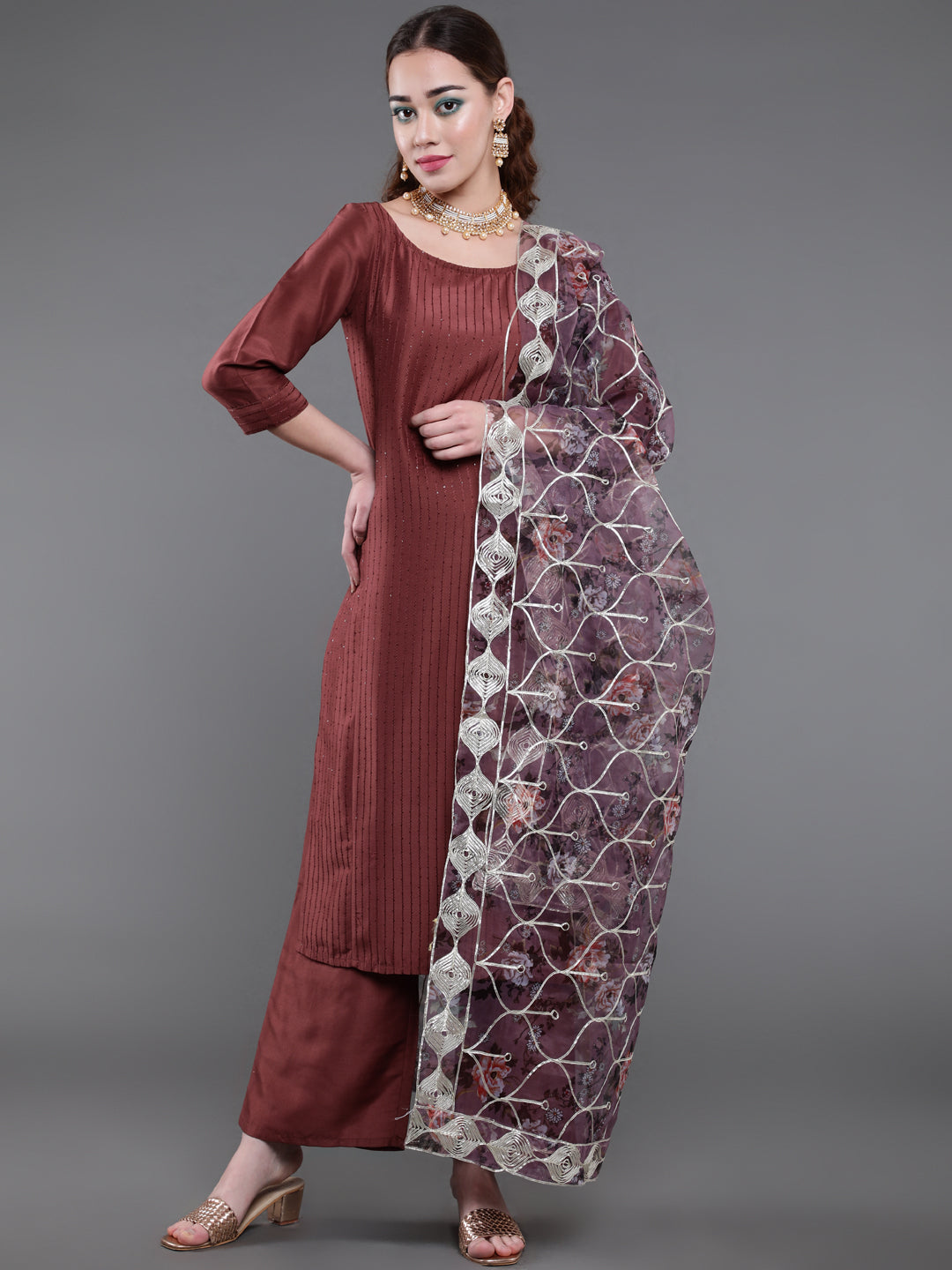 Brown Sequin Kurta Palazzo With Gota Work Dupatta