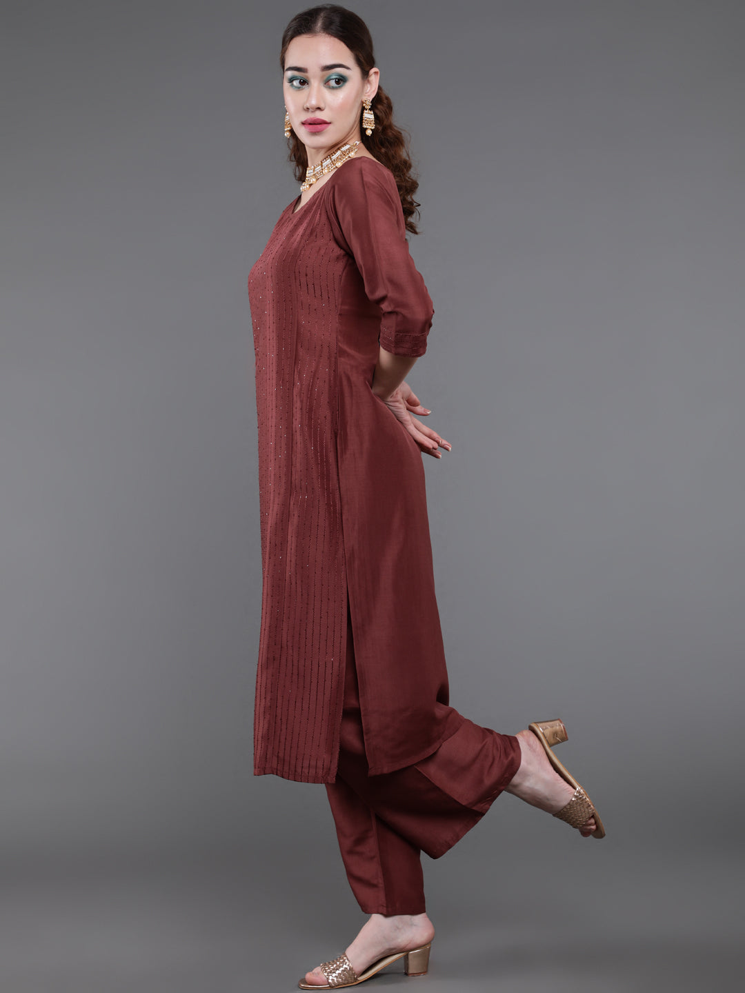 Brown Sequin Kurta Palazzo With Gota Work Dupatta