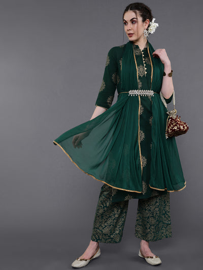 Green Gold Printed Kurta Palazzo with Dupatta