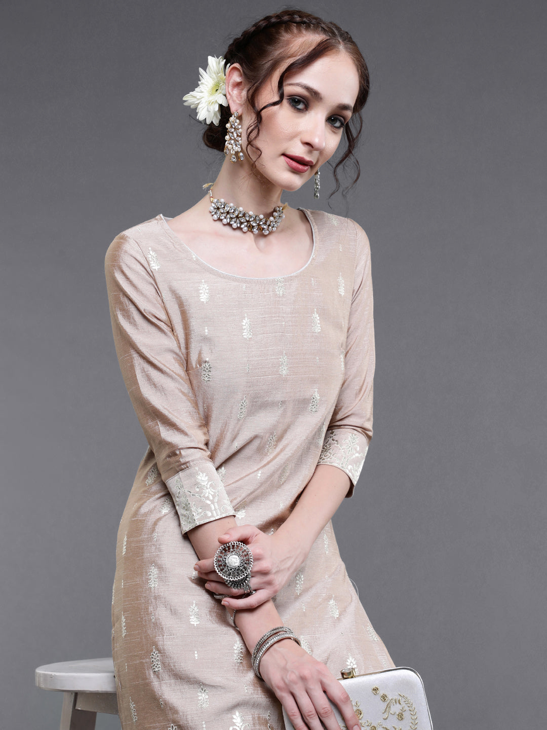 Beige Foil Printed Kurta With Palazzo