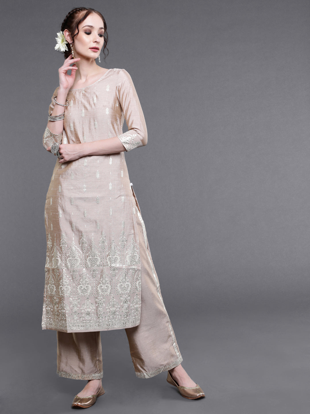 Beige Foil Printed Kurta With Palazzo