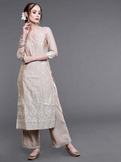 Beige Foil Printed Kurta With Palazzo