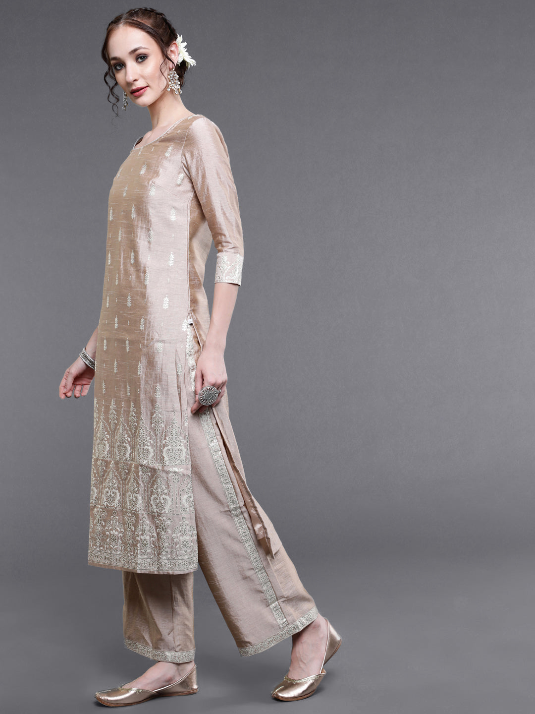 Beige Foil Printed Kurta With Palazzo