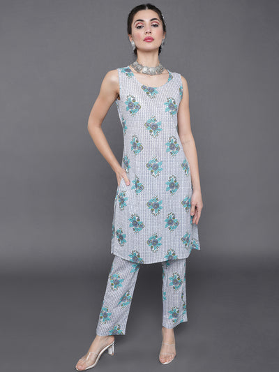 Blue Floral Print Kurta Pant With Jacket