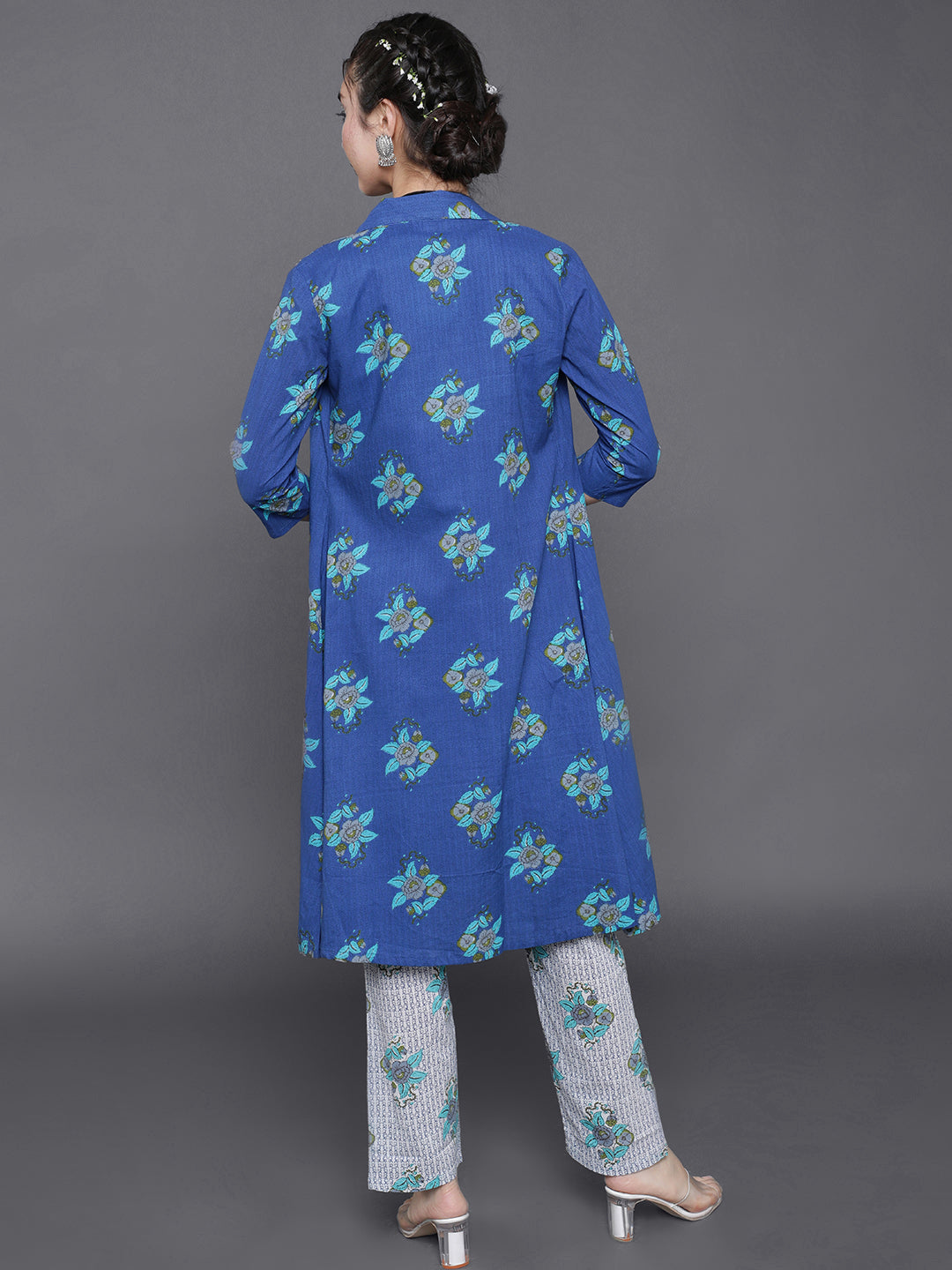 Blue Floral Print Kurta Pant With Jacket