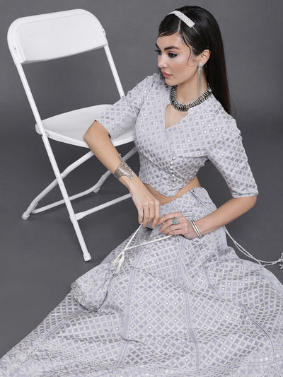 Grey Jacquard Lehenga Choli With Potali Bag