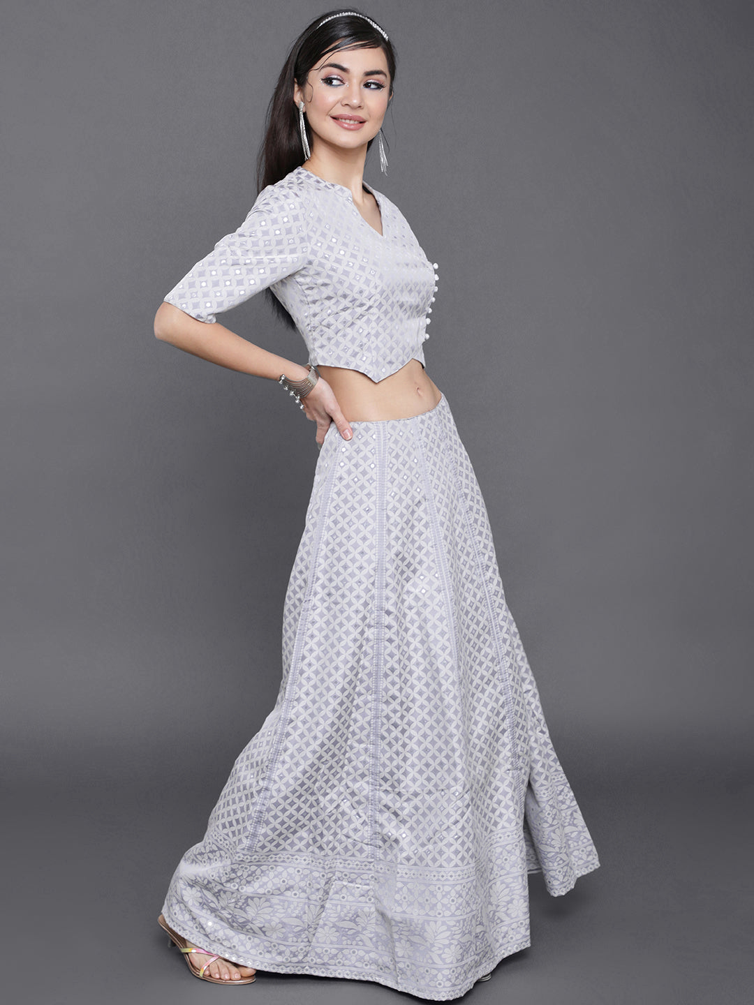 Grey Jacquard Lehenga Choli With Potali Bag