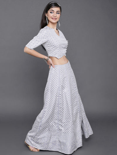 Grey Jacquard Lehenga Choli With Potali Bag