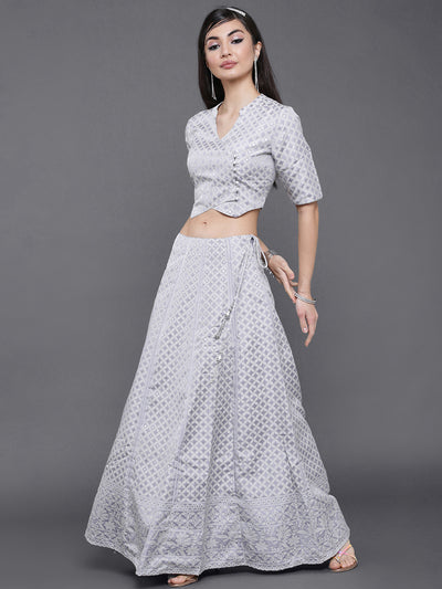 Grey Jacquard Lehenga Choli With Potali Bag
