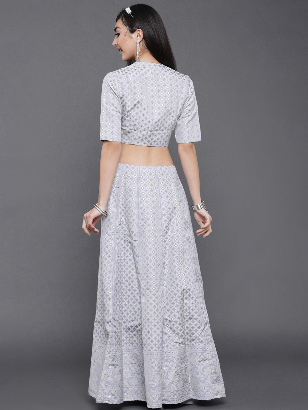 Grey Jacquard Lehenga Choli With Potali Bag