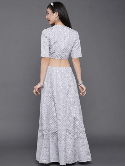 Grey Jacquard Lehenga Choli With Potali Bag