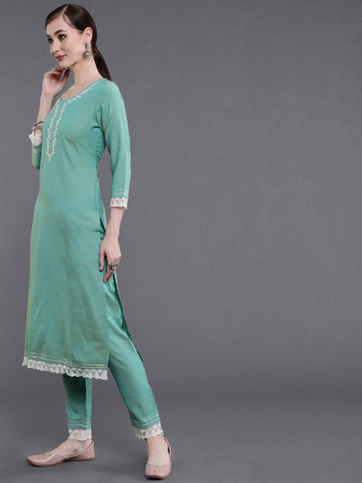 Sea Green Embroidered Kurta With Pant