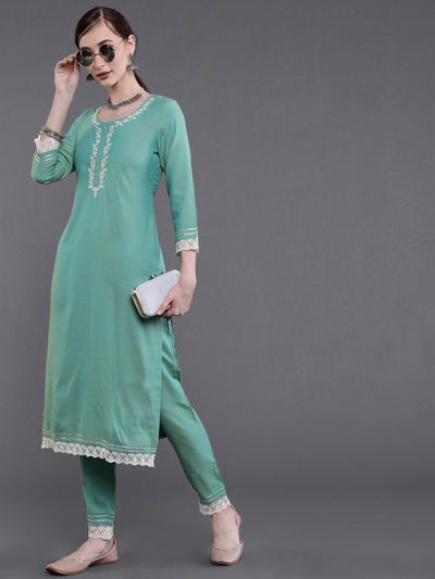 Sea Green Embroidered Kurta With Pant