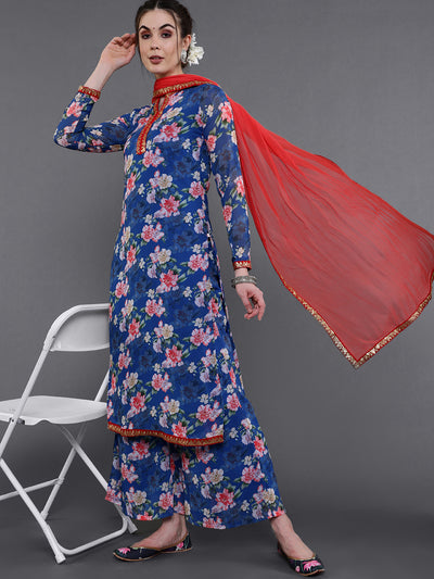 Blue Floral Print Kurta Palazzo With Dupatta