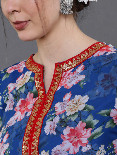 Blue Floral Print Kurta Palazzo With Dupatta