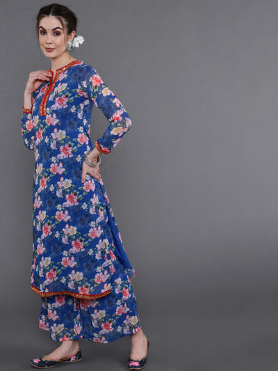 Blue Floral Print Kurta Palazzo With Dupatta