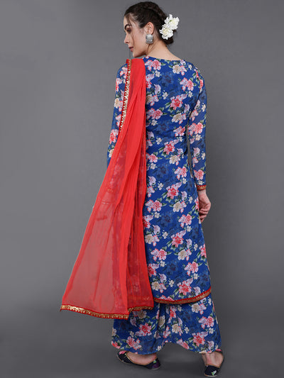 Blue Floral Print Kurta Palazzo With Dupatta