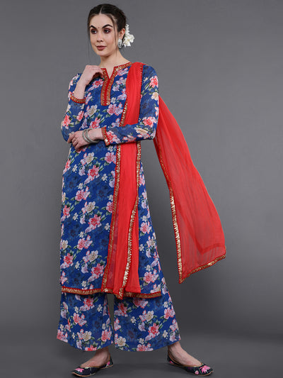 Blue Floral Print Kurta Palazzo With Dupatta