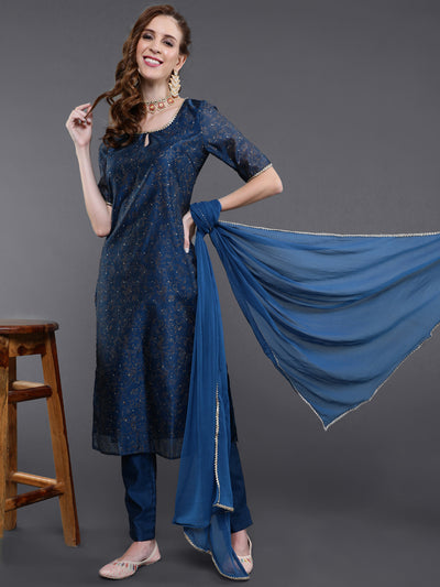 Blue Foil Printed Kurta Pant With Dupatta