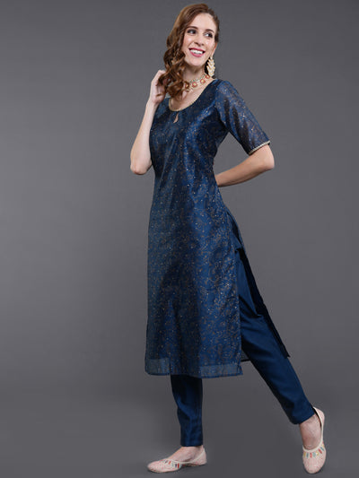 Blue Foil Printed Kurta Pant With Dupatta