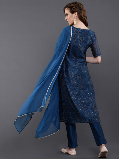 Blue Foil Printed Kurta Pant With Dupatta