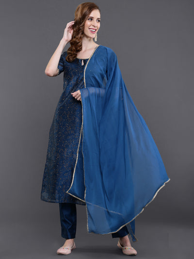 Blue Foil Printed Kurta Pant With Dupatta