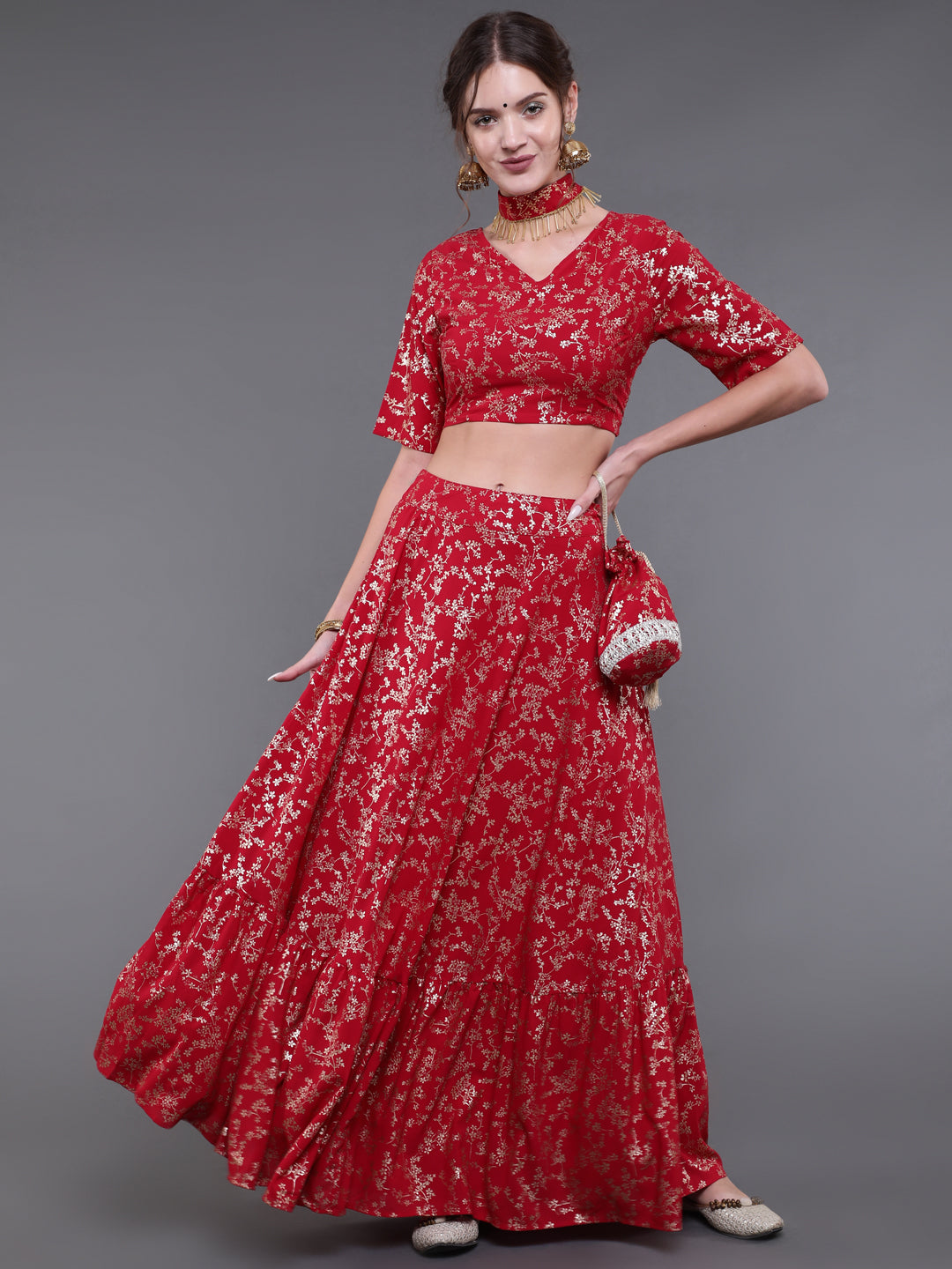 Red Floral Printed Lehenga Choli With Potali Bag & Necklace