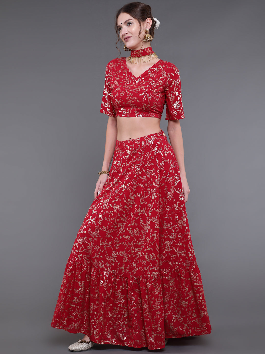 Red Floral Printed Lehenga Choli With Potali Bag & Necklace