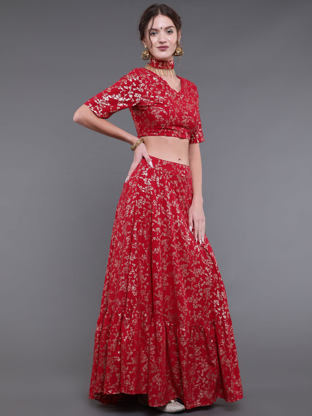 Red Floral Printed Lehenga Choli With Potali Bag & Necklace