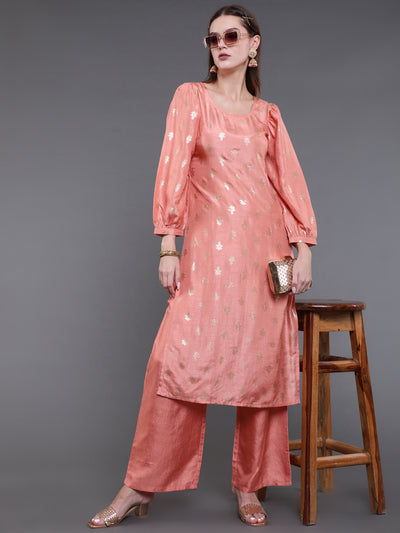 Peach Foil Print Kurta With Palazzo