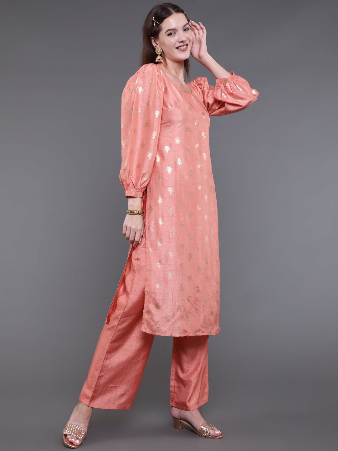 Peach Foil Print Kurta With Palazzo