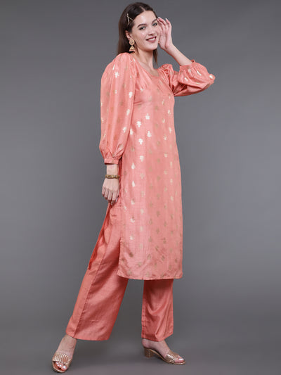 Peach Foil Print Kurta With Palazzo