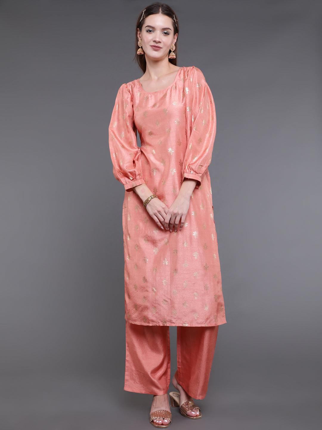 Peach Foil Print Kurta With Palazzo
