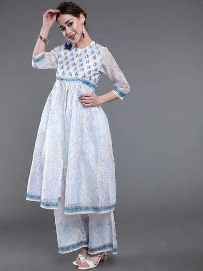 White Block Printed A-Line Kurta With Palazzo