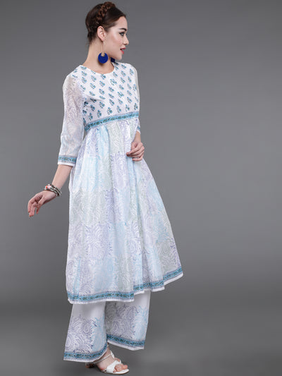 White Block Printed A-Line Kurta With Palazzo