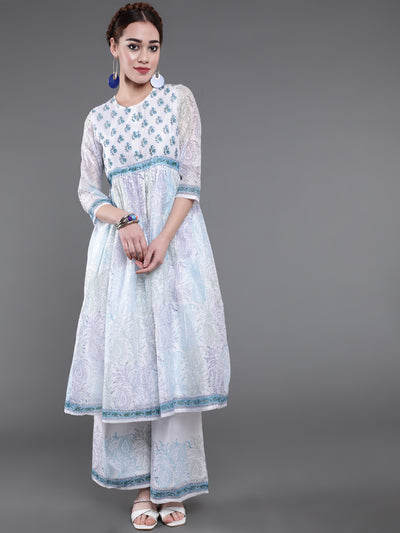 White Block Printed A-Line Kurta With Palazzo