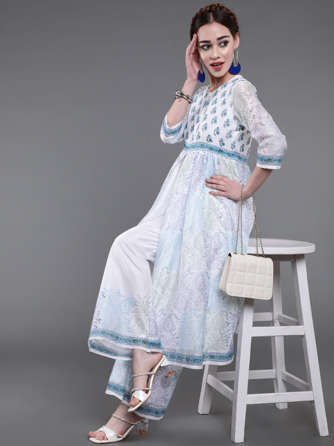 White Block Printed A-Line Kurta With Palazzo