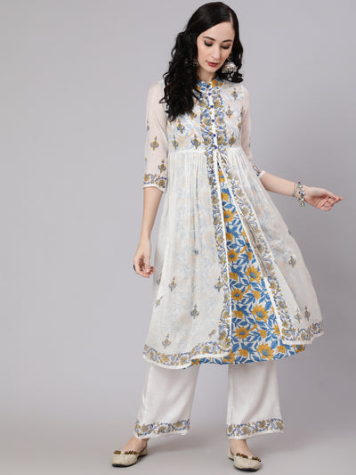 White Hand Block Print Layered Kurta With Palazzo