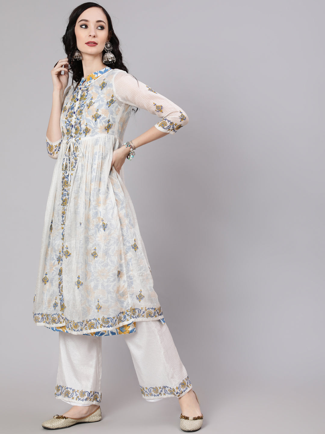 White Hand Block Print Layered Kurta With Palazzo